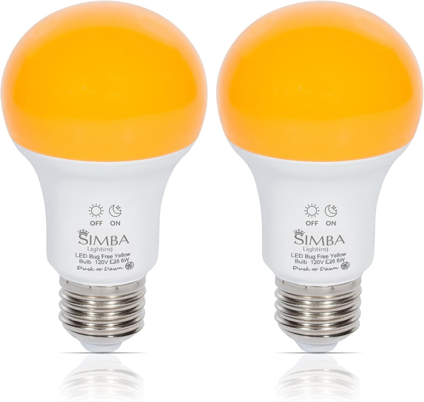 Simba Lighting Bug Non-Attracting Yellow LED Bulb 6W 40W Equivalent, Great for Outdoor Porch Light, Night Light, Dusk-to-Dawn Smart Sensor Auto On/Off, Amber Warm Light, A19 E26 Medium Base, Pack of 2