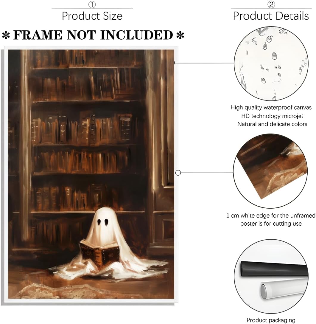 HUYKON Vintage Library Ghost Reading Poster Retro Spooky Bookish Halloween Wall Art Dark Academia Gothic Canvas Oil Painting Wall Decor Aesthetic for Bedroom Living Room Office 8x12inch Unframed