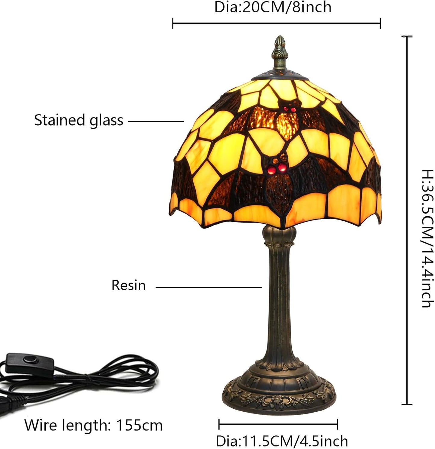 Tiffany Black Bat Stained Glass Table Lamp Handmade Bedside Table Night Unique Cute Accent Nightstand Light Antique Art Craft Gifts Lamp for Home Office Dormitory Bar Decorate