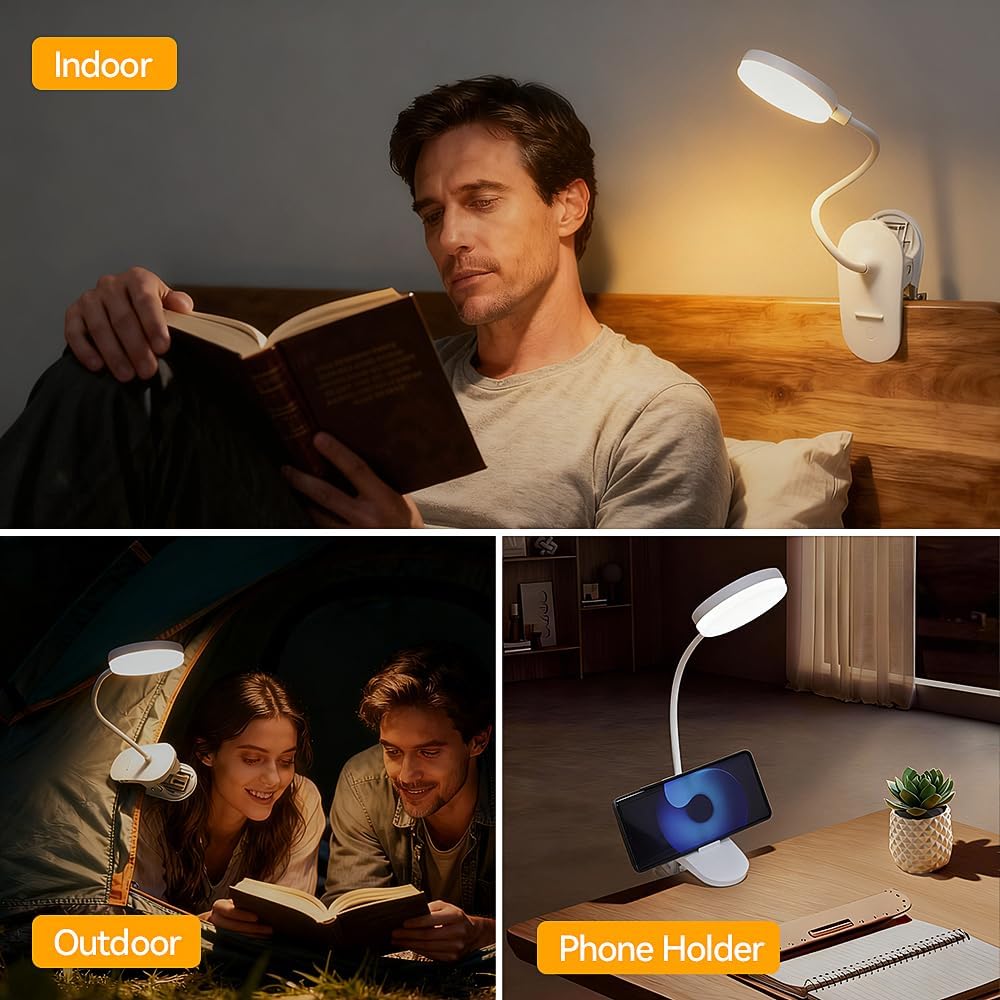 Clip On Clamp Light for Bed Headboard,Rechargeable Desk Lamp,3 Colors (White/Warm White/Warm),Dimmable 360° Gooseneck,20 LED,Eye-Caring Light for Study & WorkCollege Dorm Essentials for Girls & Guys