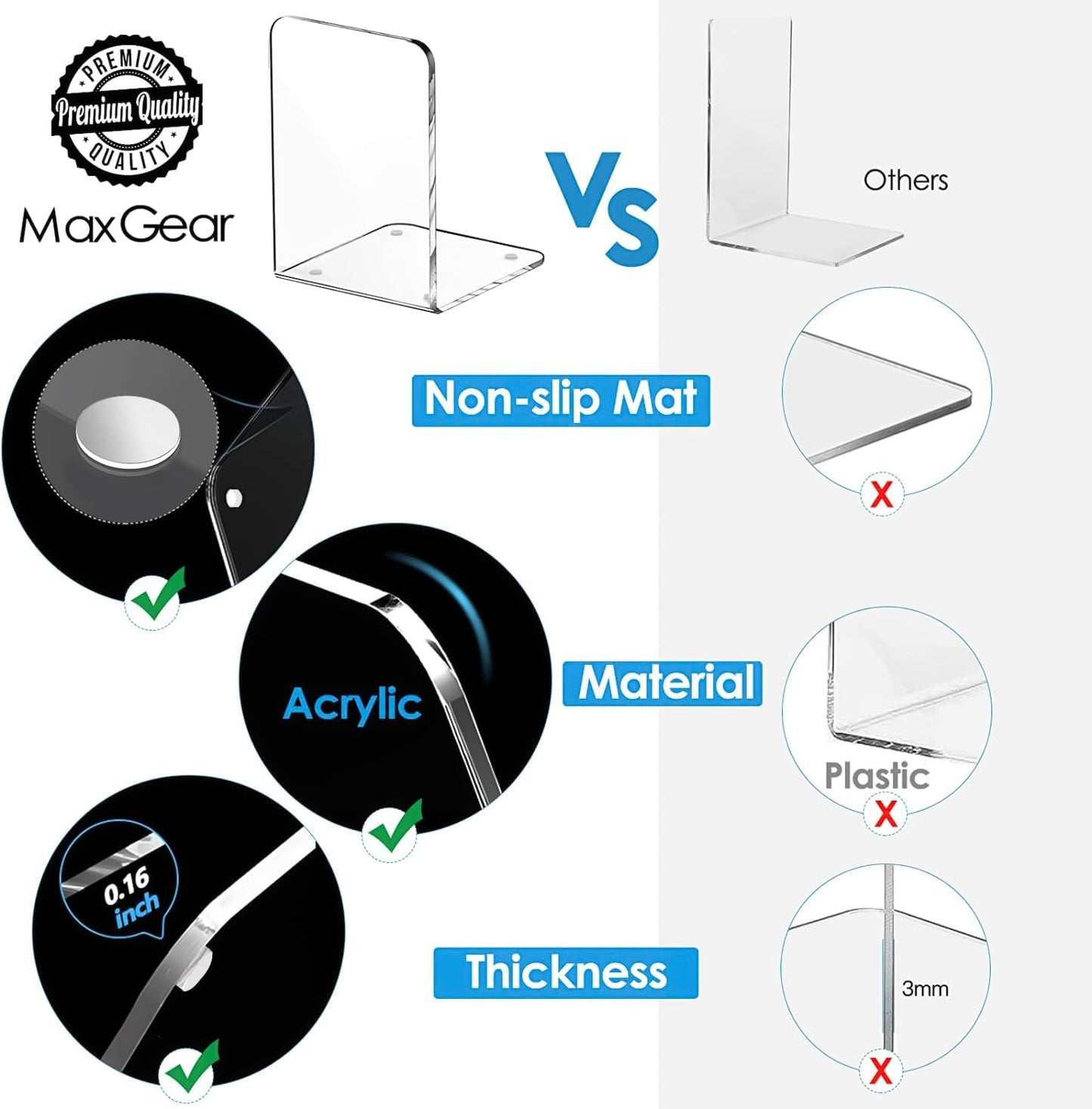 MaxGear Acrylic Bookends - Clear Decorative Heavy Duty Non-Skid Book Stoppers (6 Pieces, Large)