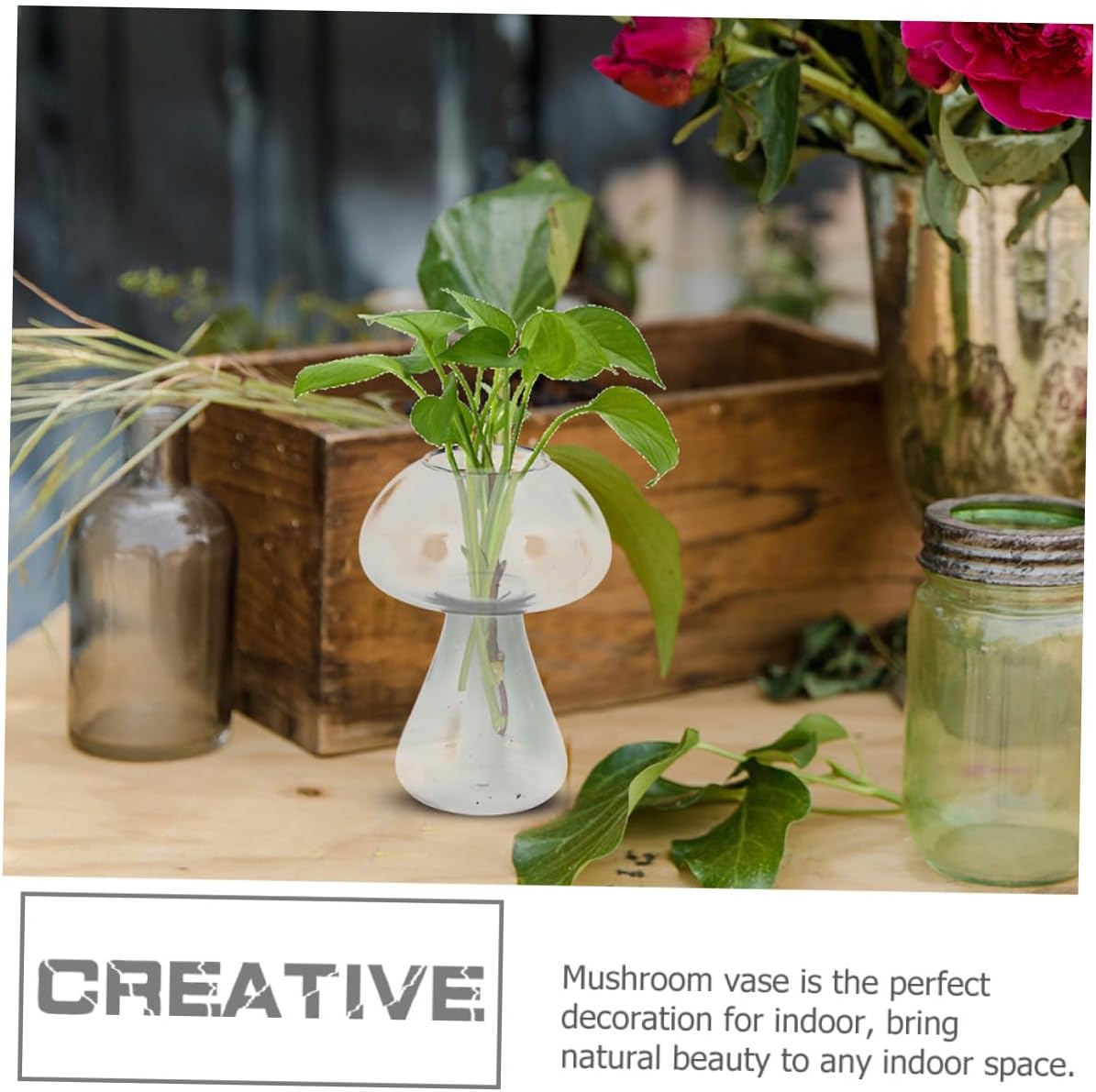 2pcs Mushroom Shaped Glass Flower Vases, Colored Frosted Red and Gray Hydroponic Bud Containers for Home Decor and Table Centerpiece