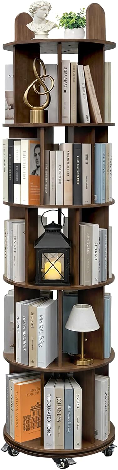Kryonix Solid Wood Rotating Bookshelf on Wheels, Spinning Bookshelf Tower 5 Tier, 360° Revolving Bookcase, Multi-Functiona Corner Round Turning Book Shelf Organizer for Small Spaces, Walnut