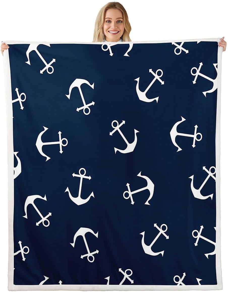 Feelyou Nautical Fuzzy Blanket Anchor Sherpa Throw Blanket Sea Adventure Fleece Throw Blanket Soft Warm Cozy Ocean Theme Plush Blanket Navy Blue 60"X80"