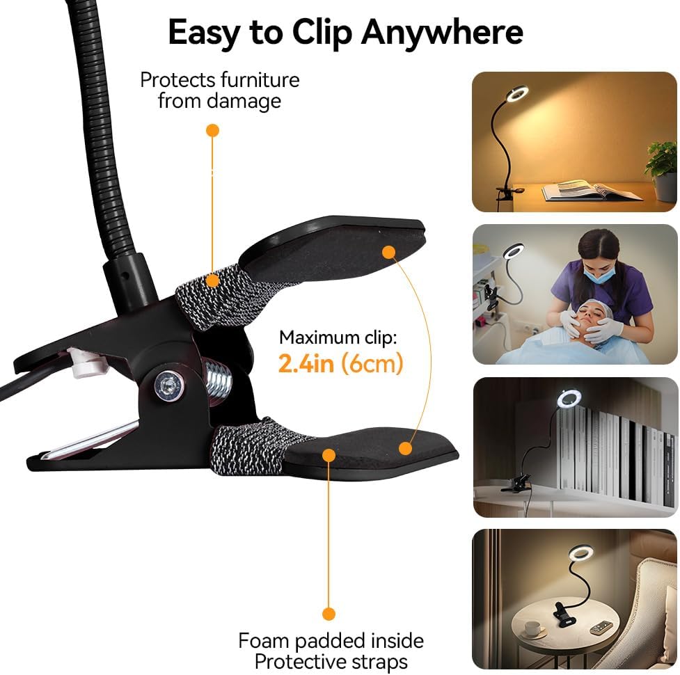 Skymore Desk Clip on Light, [3 Color Modes & 10 Brightness] LED Reading Light with Clamp, Flexible Gooseneck Book Light for Kids Reading Book in Bed, Headboard-Black