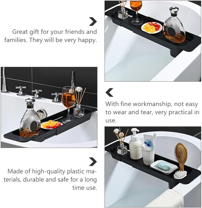 Black Tub Tray for Bathtub Expandable 29.5in Telescopic Bathtub Storage Rack with Wine Cups Holder Anti-Slip Design Multifunction Plastic Serving Tray Bathroom Accessories