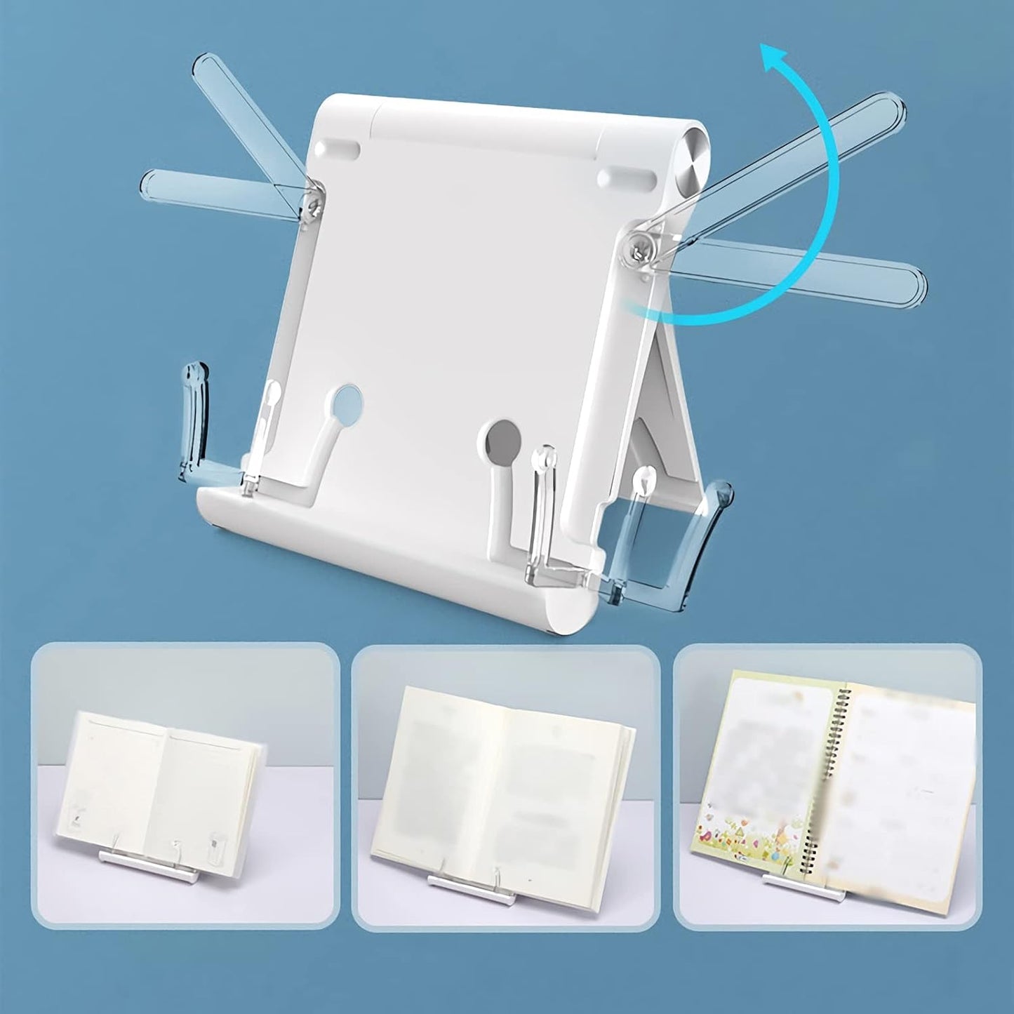 Book Stands and Holders for Reading Portable Reading Stand, 4 x 5 inch Mini Folding Stand Holder with Adjustable Angle for Tablet Smartphone Textbook Cookbook Document for Kitchen and Office (White )