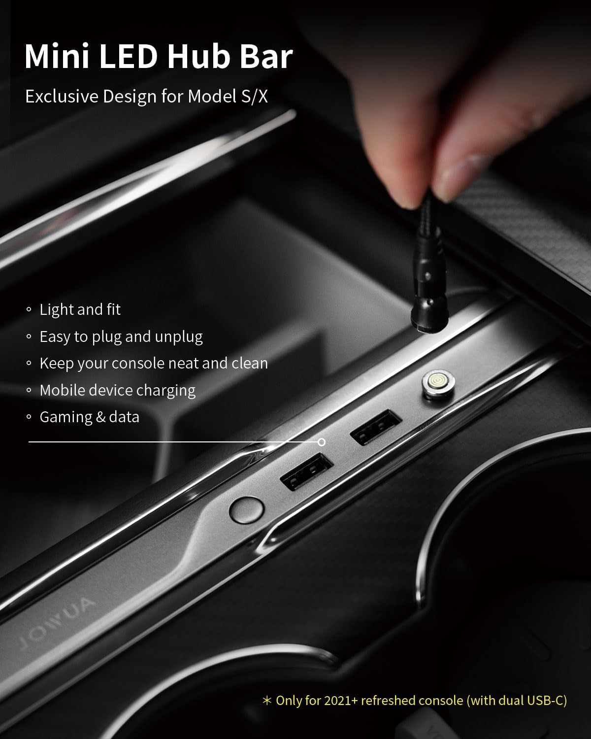 JOWUA Mini LED Hub Bar Compatible for Tesla Model S/X (2021+), 1 USB-C Port, 2 USB-A Ports