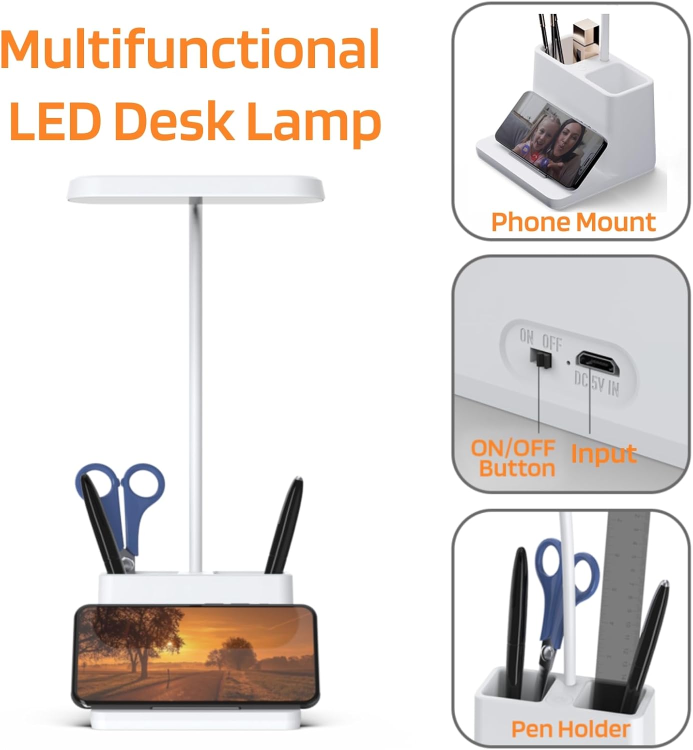 AXX Rechargeable Small Desk Lamp for Home Office Bedroom, Study Table Light for Kids Teens, White, LED, Pen Holder, Mini, Gooseneck, College Dorm Room Lighting for Computer Keyboard Desktop Task