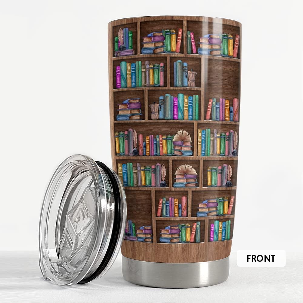 SANDJEST Book Lovers Tumbler Bookshelf 20oz Tumblers with Lid Gift for Librarian Book Lover Women Readers Bookworm Christmas Holiday Birthday