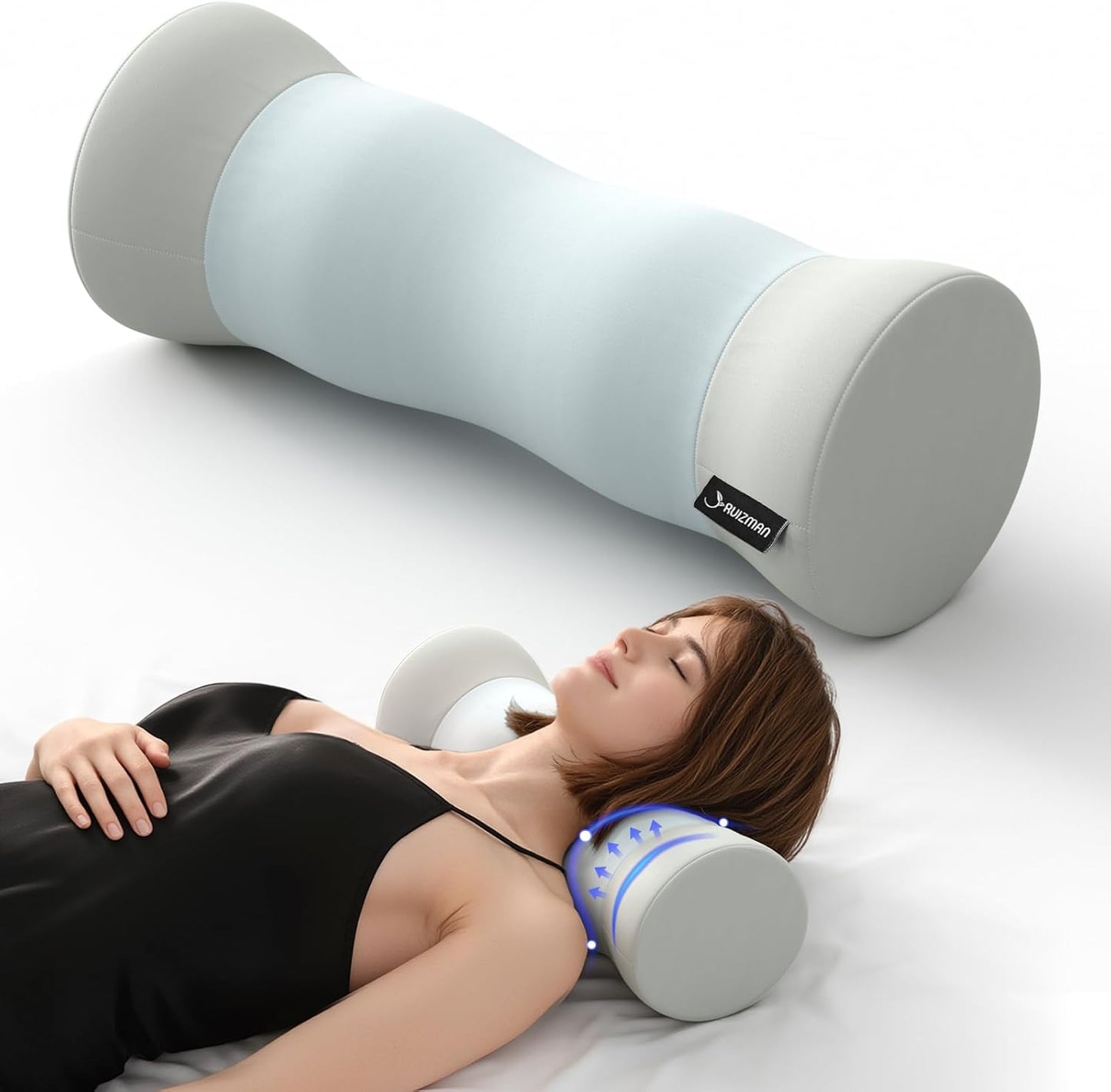 Neck Roll Pillow - Memory Foam Round Neck Pillow - Ergonomic Cervical Roll Pillow, Breathable & Removable Cover - Multi-Use Bolster Pillow for Neck, Leg, Back, Yoga (Blue Grey)