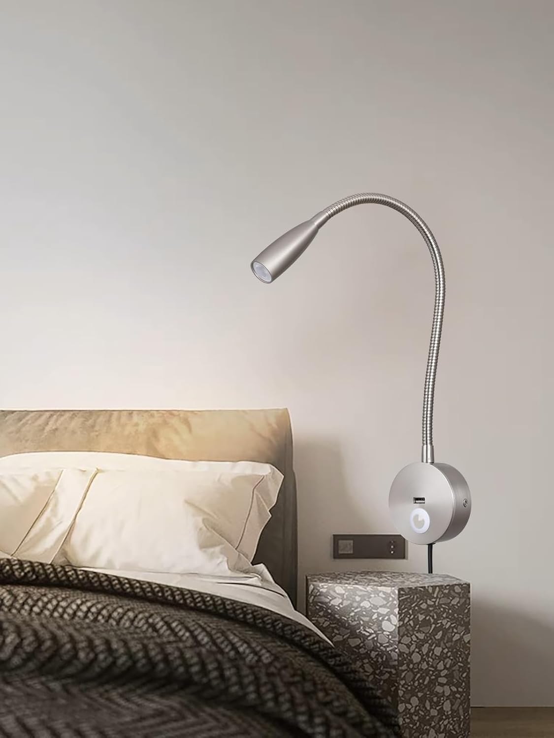 LED Bedside Touch Dimmable Wall Mounted Reading Light - Night Light With USB Flexible Gooseneck - Brushed Nickel