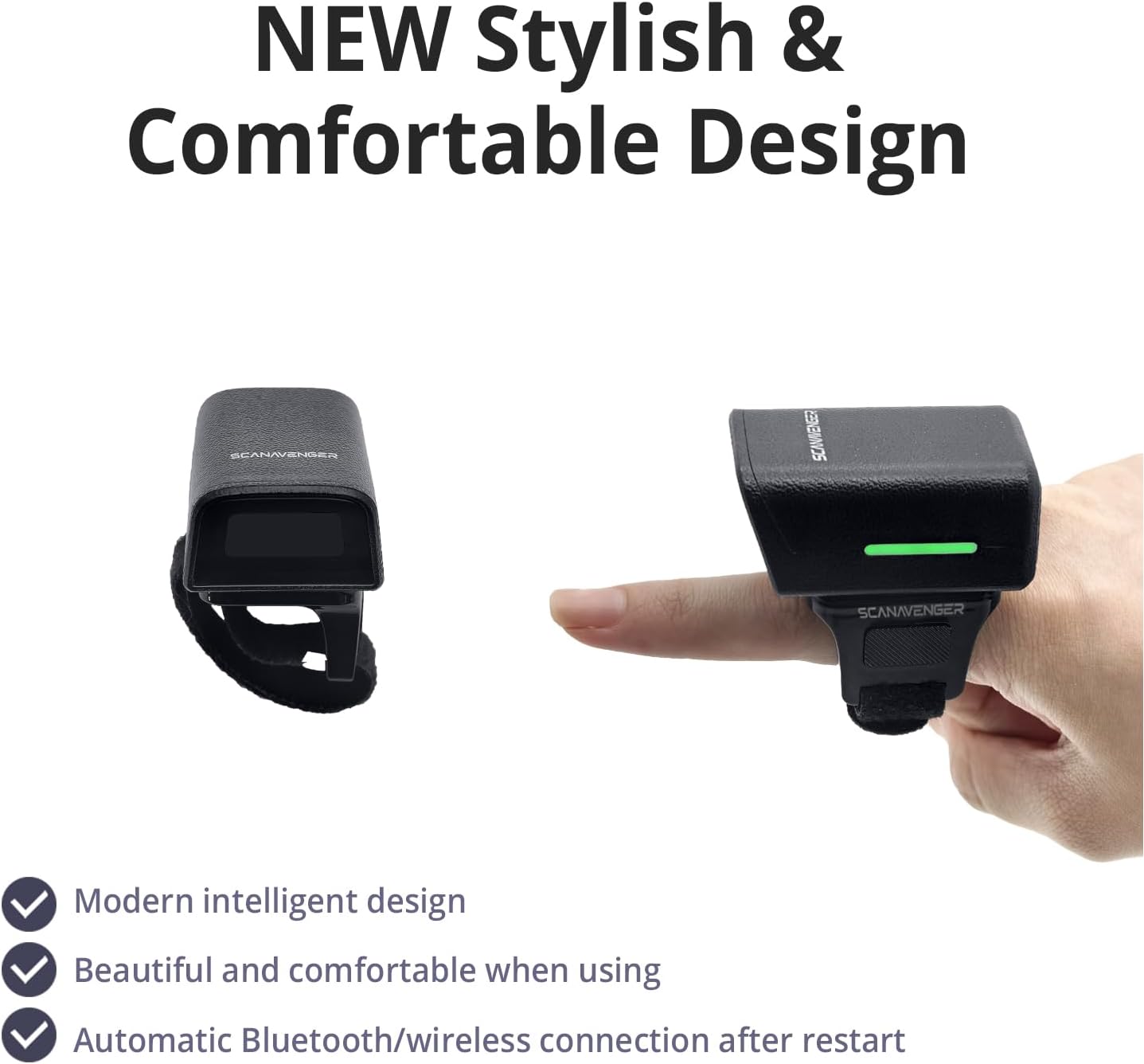 ScanAvenger 1D 2D QR Ring Barcode Scanner – Wearable Mini Bluetooth Wireless Finger Reader, USB & 2.4GHz, Compatible with iOS, Android, Windows, for Warehouse, Store & Inventory Use