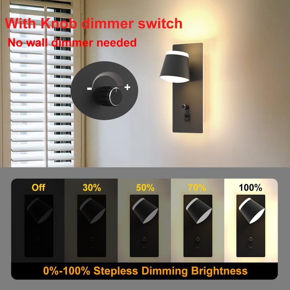 Sytmhoe LED Wall Sconce with Dimmer Switch,Modern Dimmable Bedside Wall Light with USB+Type C Port,3000K Up & Down Wall Mounted Lighting for Bedroom,Hallway,Stairway,Basement,Cafe,Home Decor(1 Pack)