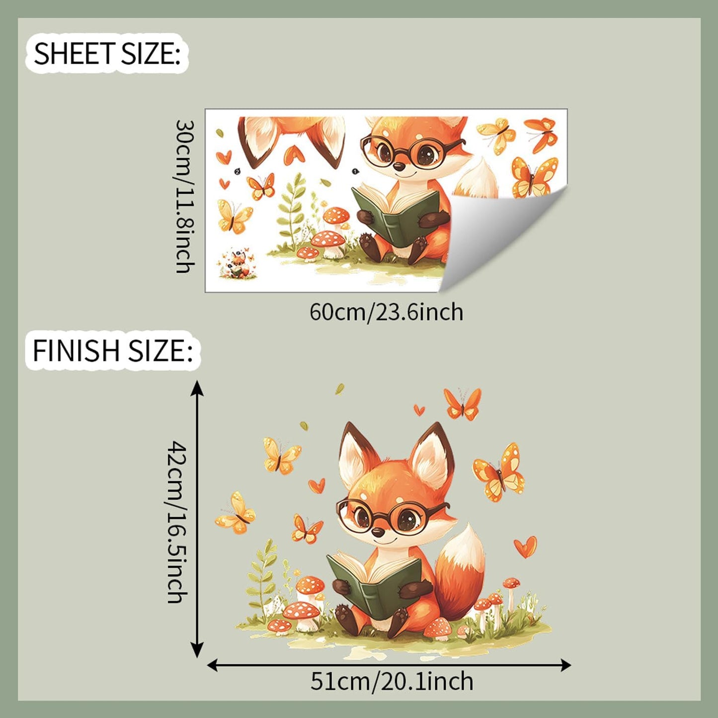 Woodland Fox Reading Wall Decal, Kids Room Nursery Decor with Butterflies and Mushrooms, 11.8 x 23.6 inches