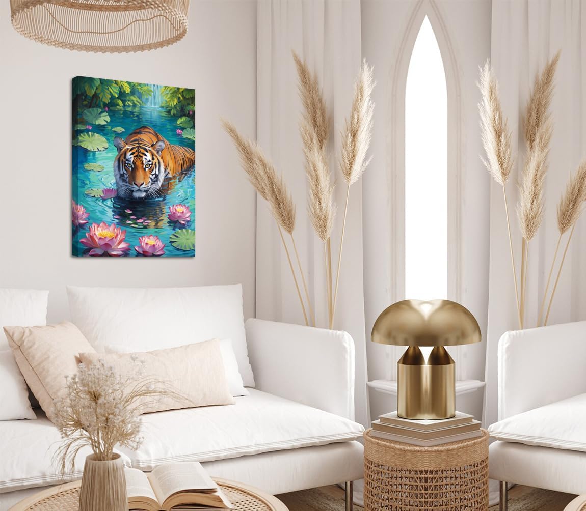 Framed Tiger Bathroom Decor Wall Art,Framed Tiger Bathroom Wall Art 12x16 Inch - Lotus Floral Animal Canvas Print, Jungle Theme Decor for Living Room & Bedroom, Asian Style Painting