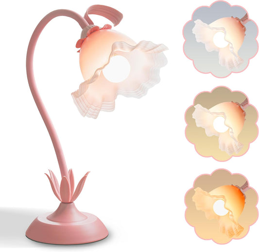 Flower Table Lamp,Vintage Led Desk Lamp,Cute Reading Light with 3 Color Modes,Dimmable Night Light with Room Decor Aesthetic,Small Bedside Lamps for Bedroom Living Room Dorm Office(Pink)
