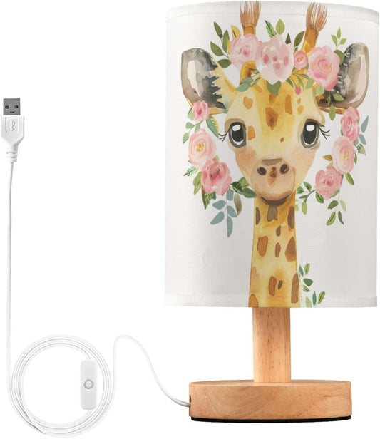 Cute Giraffe with Pink Floral Garland Bedside Table Lamps with USB Port for Bedroom Lamp Accent Table Lamp Small Nightstand Lamp Sturdy Linen Shade Wooden Decorative Lamps for Home|Kids|Holiday