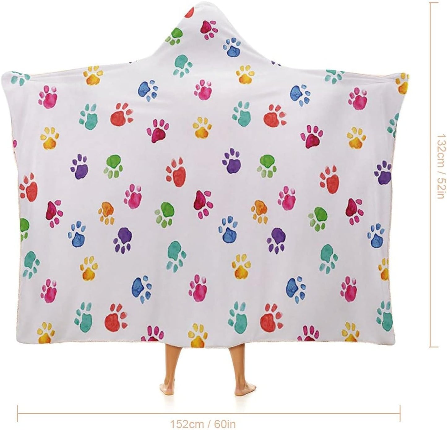 Throw Blankets, Watercolor Wearable Hooded Blanket for Adults, Hand Drawn Colorful Animal Footprints Pattern, Soft Warm Cozy, 40 x 50inches, Studying Reading Snuggling Napping Office, Multicolor
