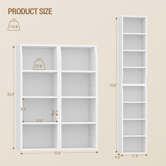 Bookcase, Narrow Tall Bookshelf, 8-Tier Skinny Shelf, Tall Cube Storage Organizer with Adjustable Shelves, CD Shelf, Display Bookshelf for Living Room, Home Office, Bedroom, White BC99803X