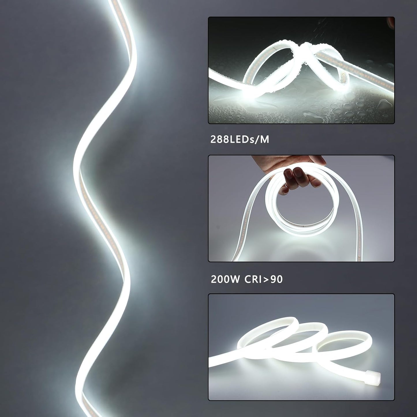 AC 110V COB LED Strip Lights Outdoor Waterproof 65.6ft, 6000K Cool White Super Bright 200W CRI 90+ LED Rope Light, IP65 Flexible Cuttable, for Bedroom Garden Commercial House