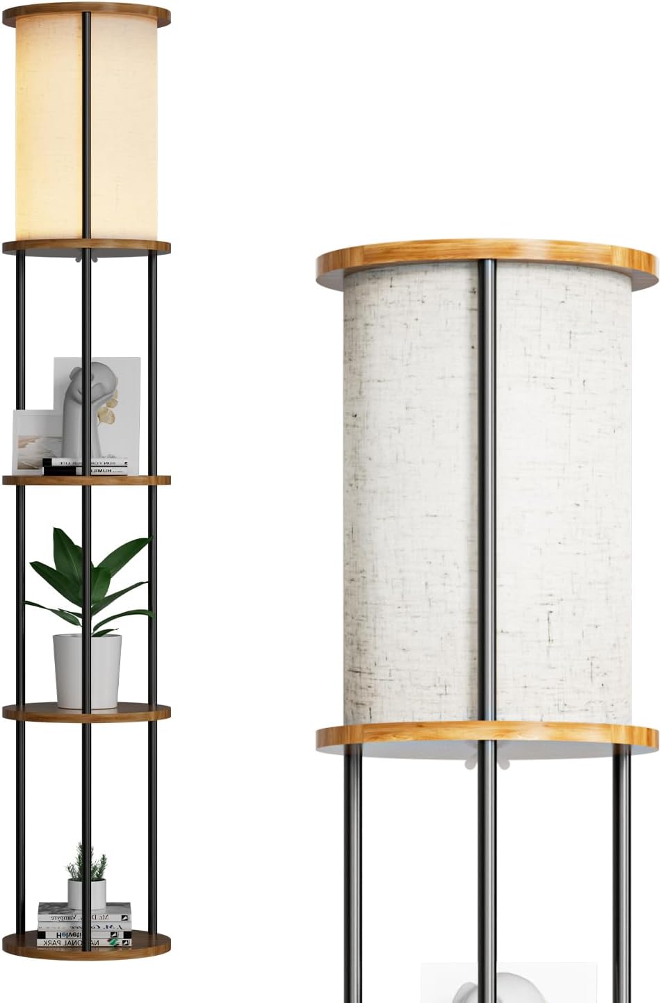 61" Floor Lamp with Shelves, Modern Black Floor Lamp with Fabric Lampshade and 3- Tier Storage Table Attached, 35lb Capacity Solid Wood, Corner Bookshelf Lamps for Living Room, Bedroom, Office