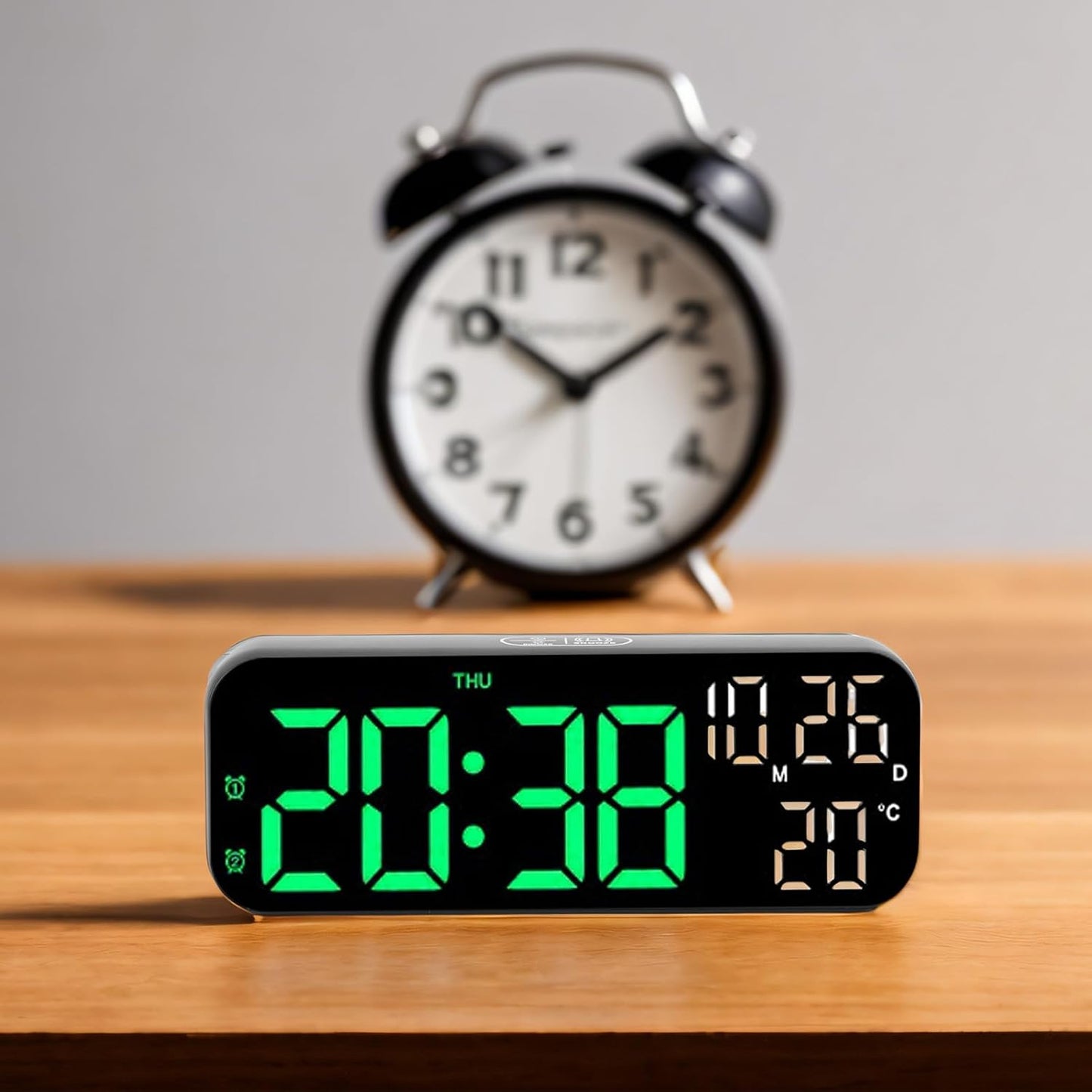 plplaaoo Digital Clock LED Display Voice Control Brightness Adjustable Date Temperature Countdown Timer Alarm Clock for Home Office Bedroom ABS 6.9in (Black Green Lamp)