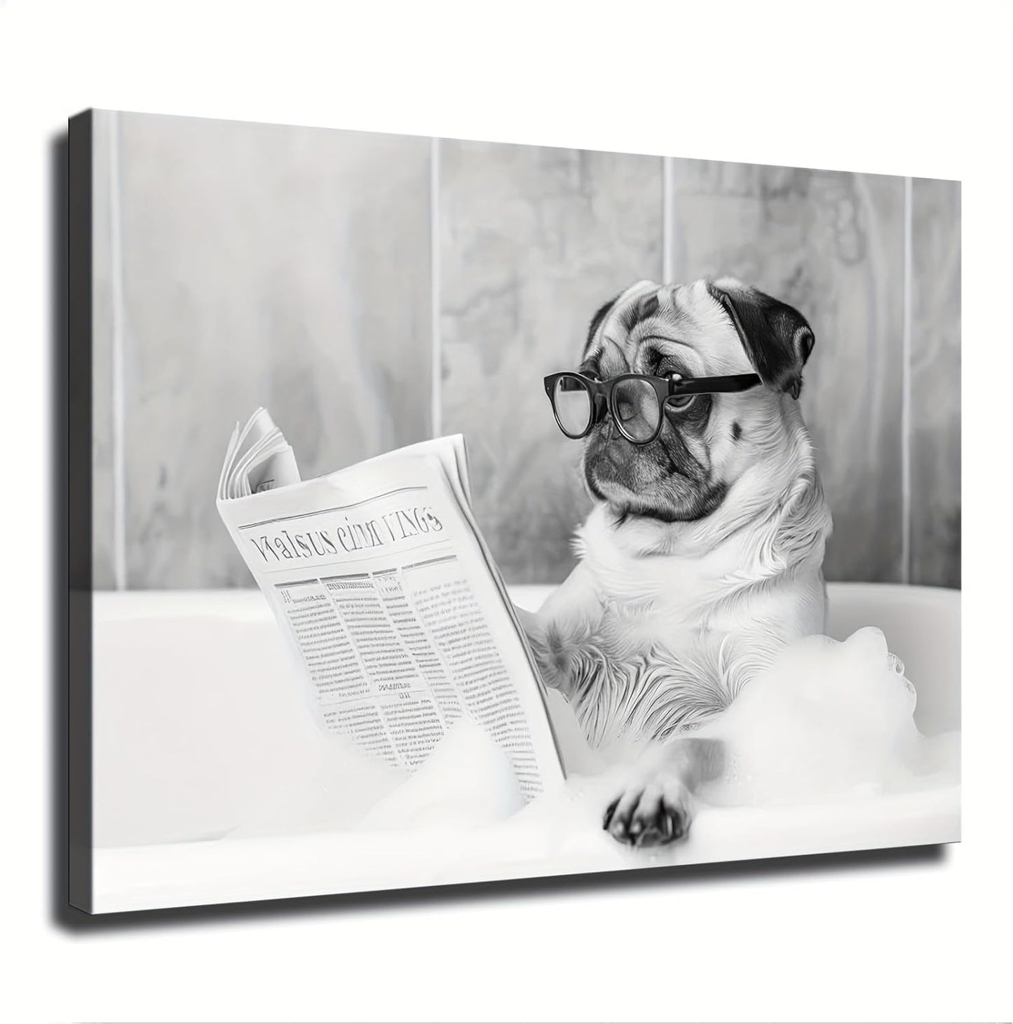 Pug in Bathtub Wall Art, Dog Reading Newspaper in Bubble Bath Poster, Black and White Print, Funny Wall Art, Bathroom Wall Decor (12x18inch Framed)