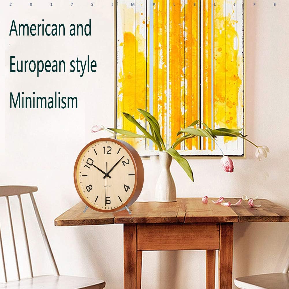 8 Inch Desk Clocks Wood Silent Non-Ticking Battery Operated Analog Table Clock Round Sweep Quartz Wall Clocks for Kids Living Room Bedroom Bedside Large Numerals Decor KSZ828 Brown