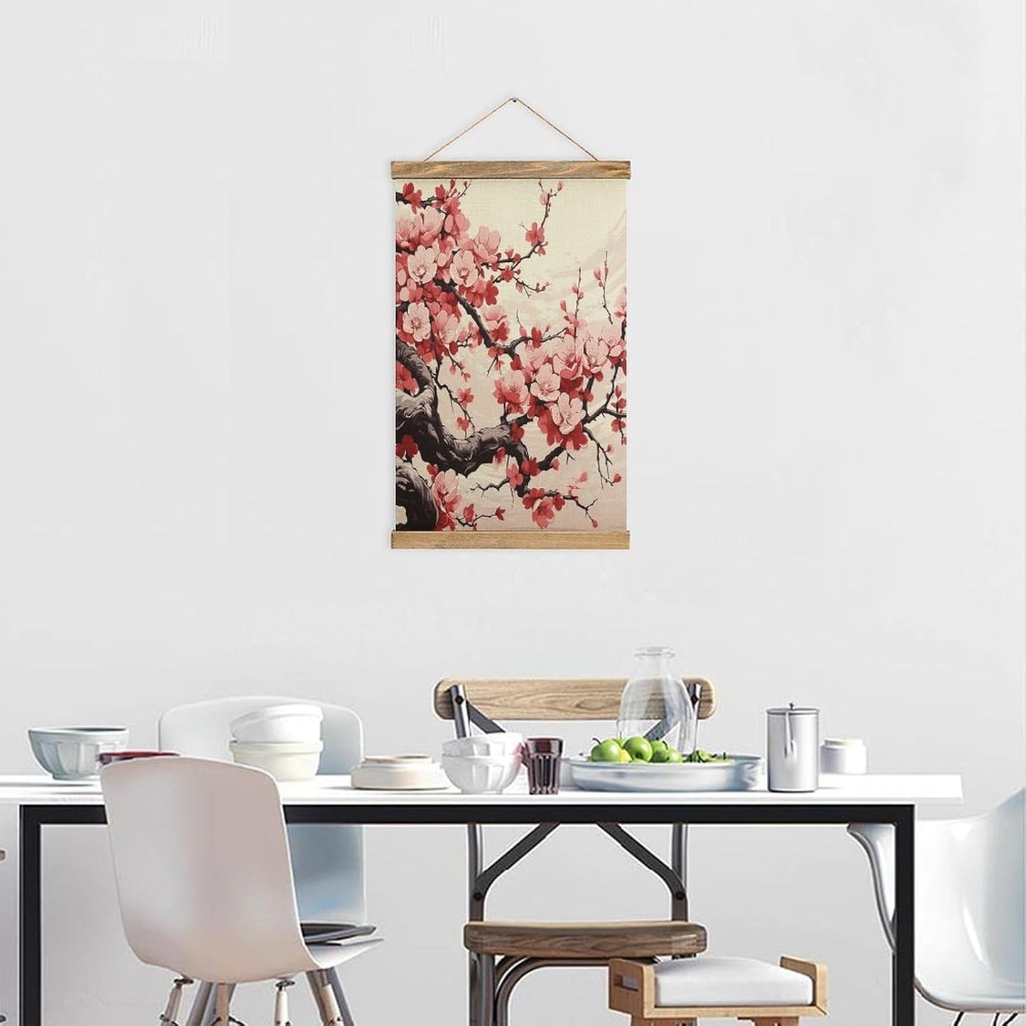 Vintage Japanese Floral Cherry Blossom Poster with Wooden Frame Personalized Linen Hanging Scroll Painting Rustic Wall Hanging Illustrative Modern Artwork Decor for Home Living Room Bedroom Office