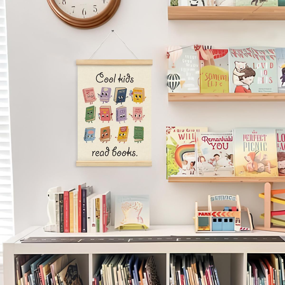 Wheatwin Cool Kids Read Books Wall Art with Wooden Poster Hanger, Reading Corner Decor for Classroom, Reading Nook Decor, Kids Wall Decor, Classroom Wall Decor, 12x16 Inch