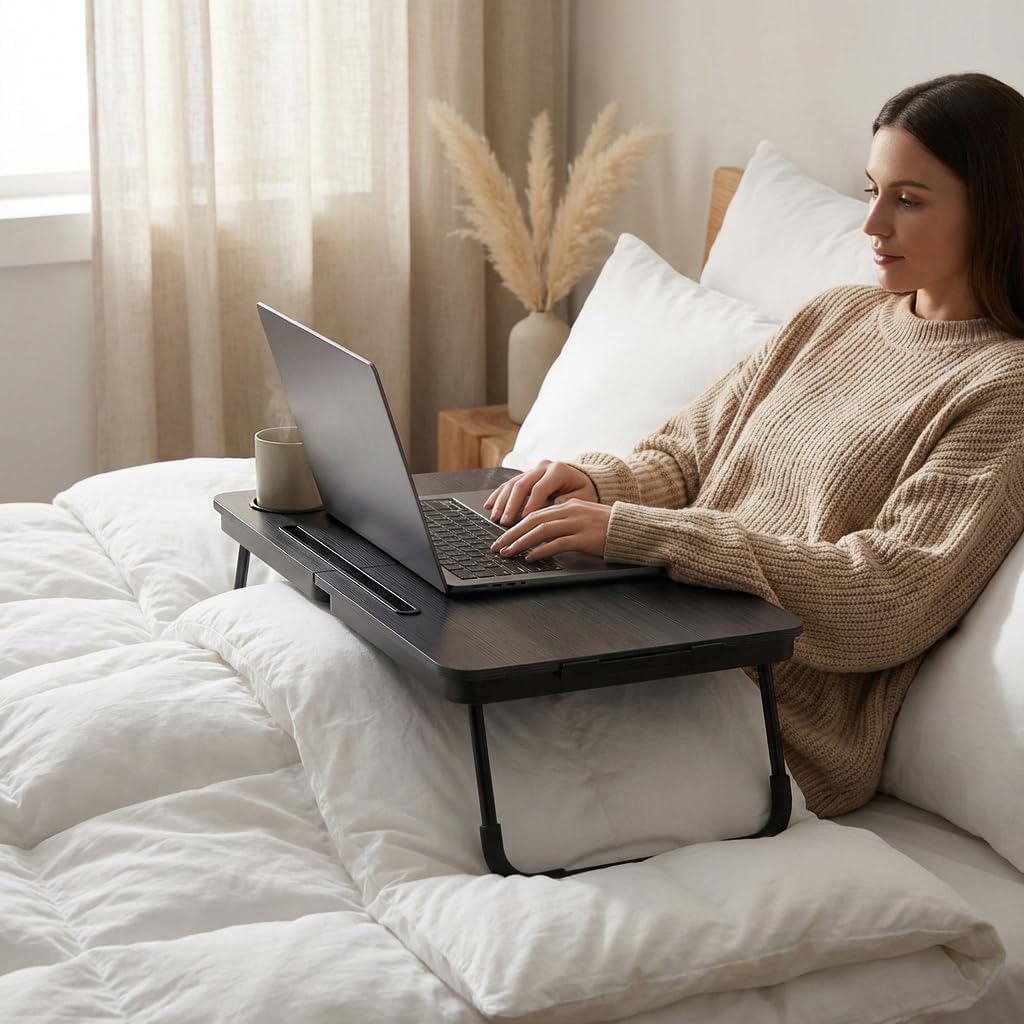 BUYIFY Foldable Laptop Bed Desk for Couch, Sofa - Large Lap Desk Tray Table with Cup Holder and Tablet Slot - Portable Notebook Stand for Eating, Writing, Studying and WFH (Black)- USA Original Patent