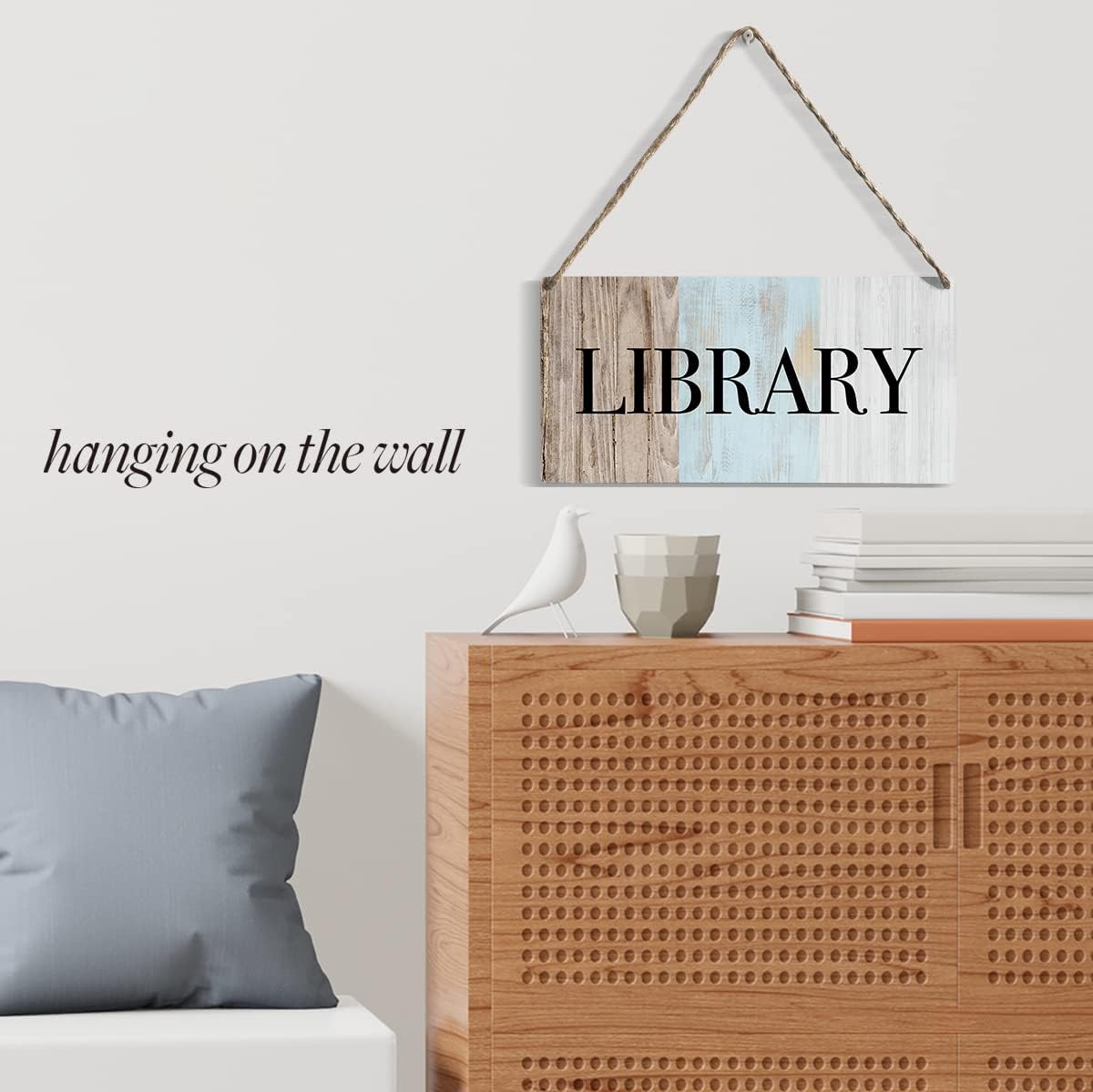 Rustic Wood Sign Library Home Farmhouse Wall Hanging Decor Minimalism Wooden Wall Art Decor Decorative Plaque Sign for Book Lover Kids Room House Front Door Bedroom Outside Room Library Reading Room
