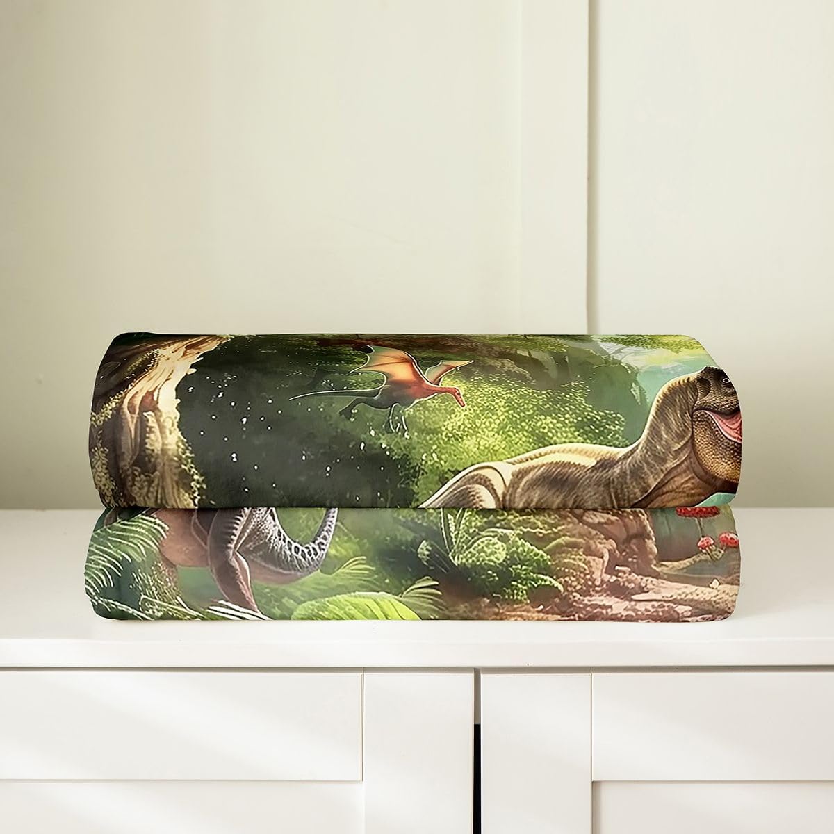 Feelyou Dinosaur Jungle Fleece Throw Blanket Tropical Foliage Pattern Flannel Blanket Plush Fuzzy Dinosaur Adventure Theme for Bed Couch Chair Living Room Fantasy 40"x50" Bedroom Decor