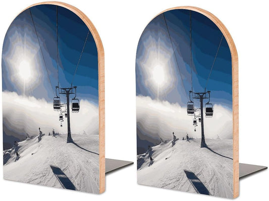 Ski Lift at Sunshine Bookend for Shelves Wooden Book End Large Size Sturdy Book Holders Stoppers with Metal Base for Bookshelves Slick Decorative Bookends Stands