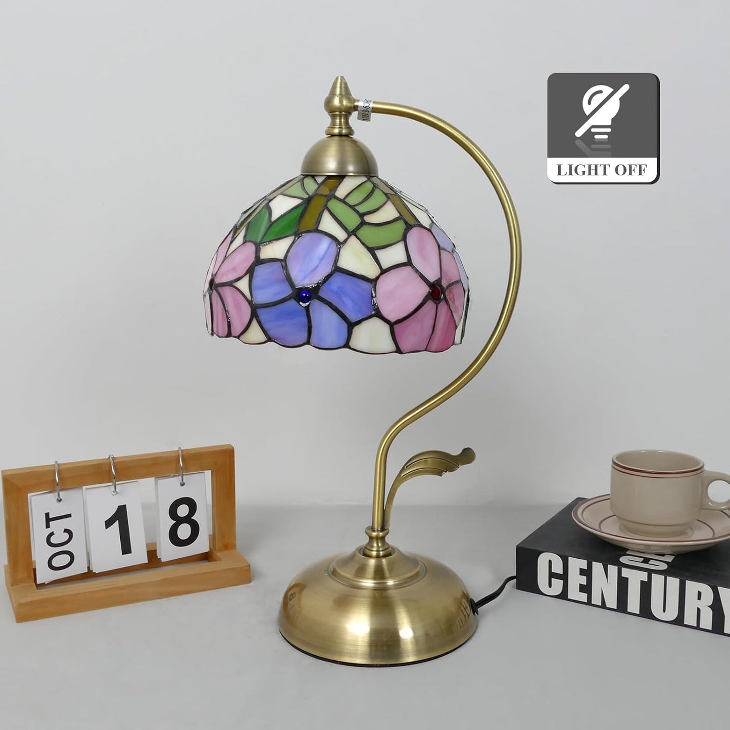 Tiffany Table Lamp Morning Glory Stained Glass Lamp 8" Wide 17" Tall Bedside Table Light Desk Lamps Vintage Reading Lamp with Color Changing LED Bulb