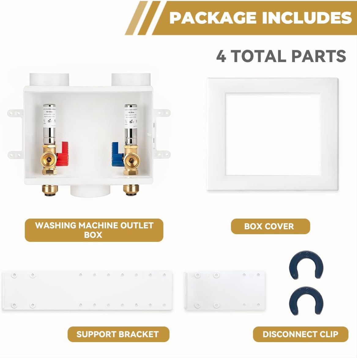 Premium Washing Machine Outlet Box, with Stainless Steel Water Hammer Arrestor, 1/2" Push-Fit x 3/4" MHT, Laundry Washer Valve Outlet Box with Clear Text Instructions