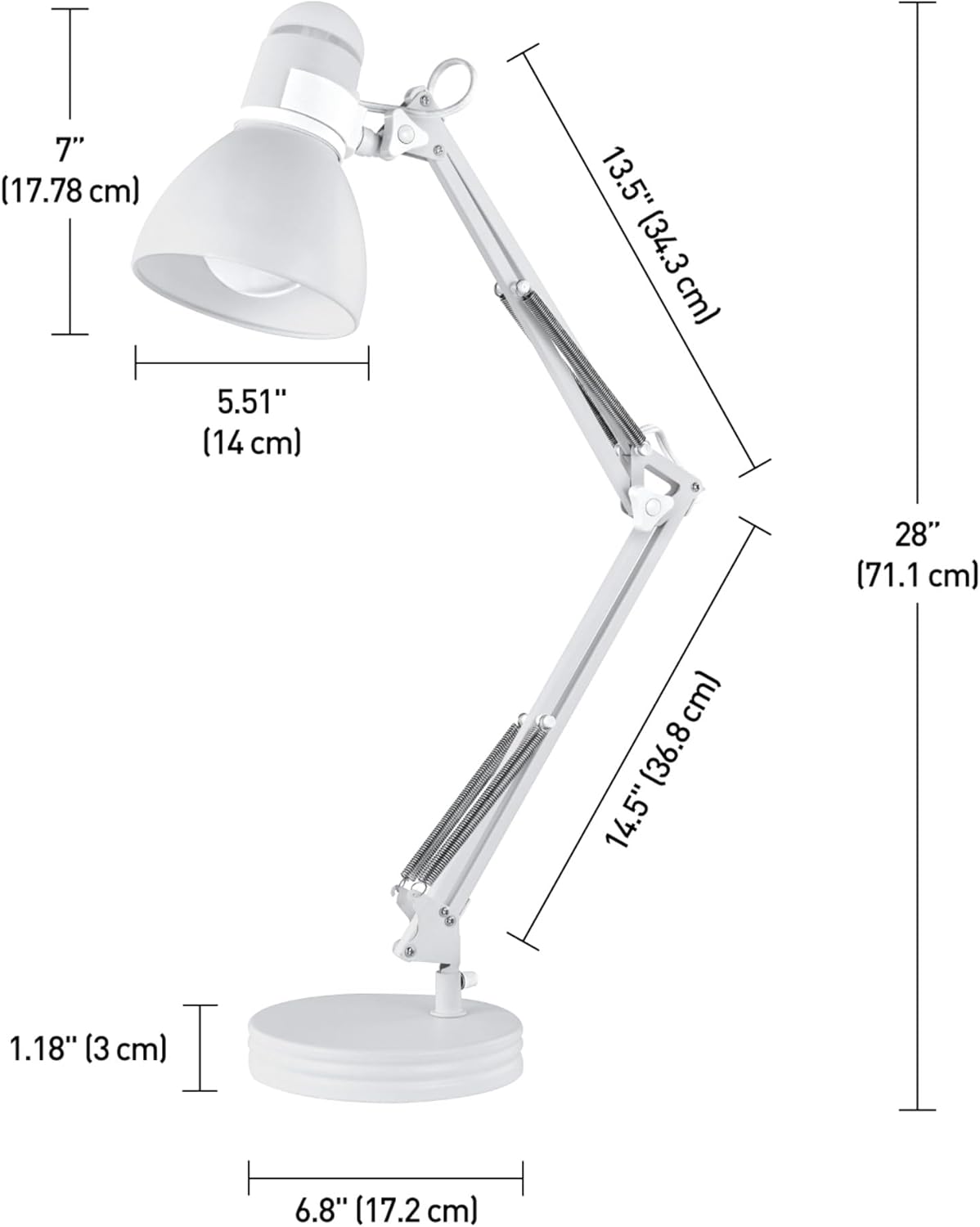 Globe Electric 52024 71.1cm(28인치) 스윙 암 건축가 책상 램프, 매트 화이트, 그늘의 회전 스위치, 부분적으로 조절 가능한 암, 침실 또는 사무실을 위한 현대적인 조명, 유행을 타지 않는 실내 조명
