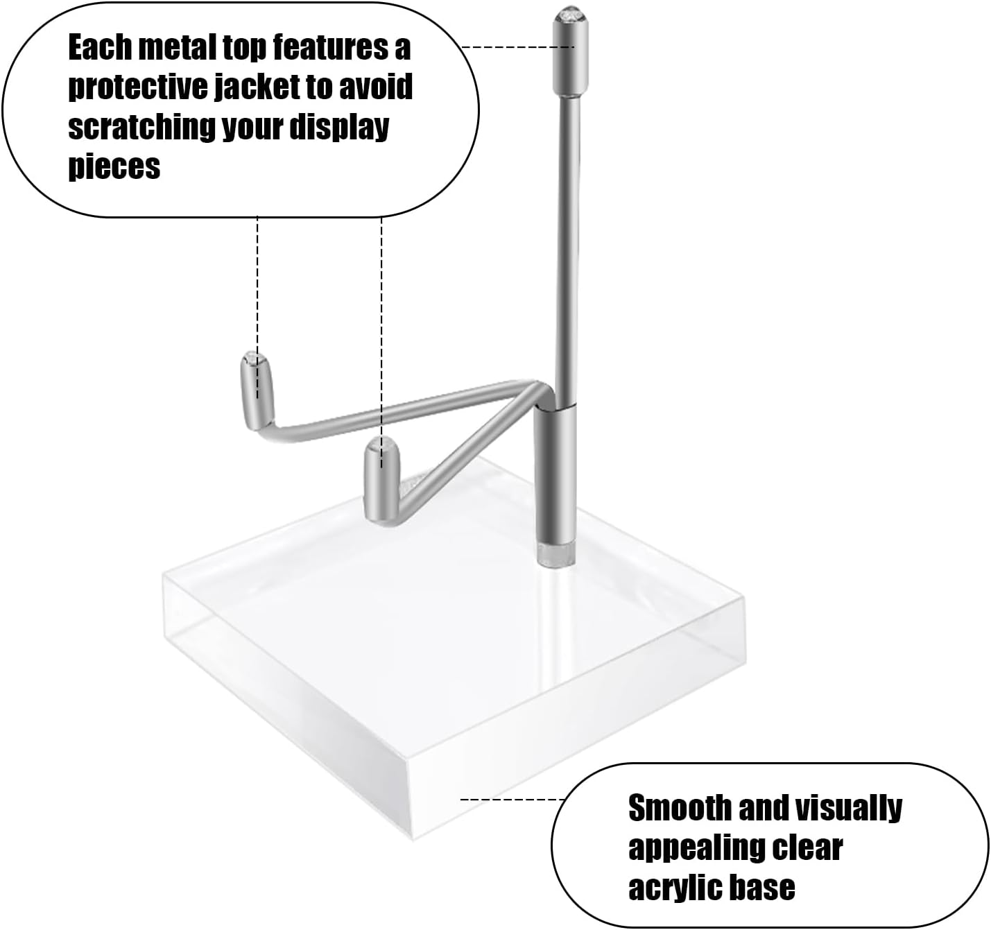 20 Pcs Adjustable Metal Arm Display Stand with Acrylic Base Silver Easel Rock Decorative Plate Holder for Picture Book Mineral Geodes Agate Coral Collection