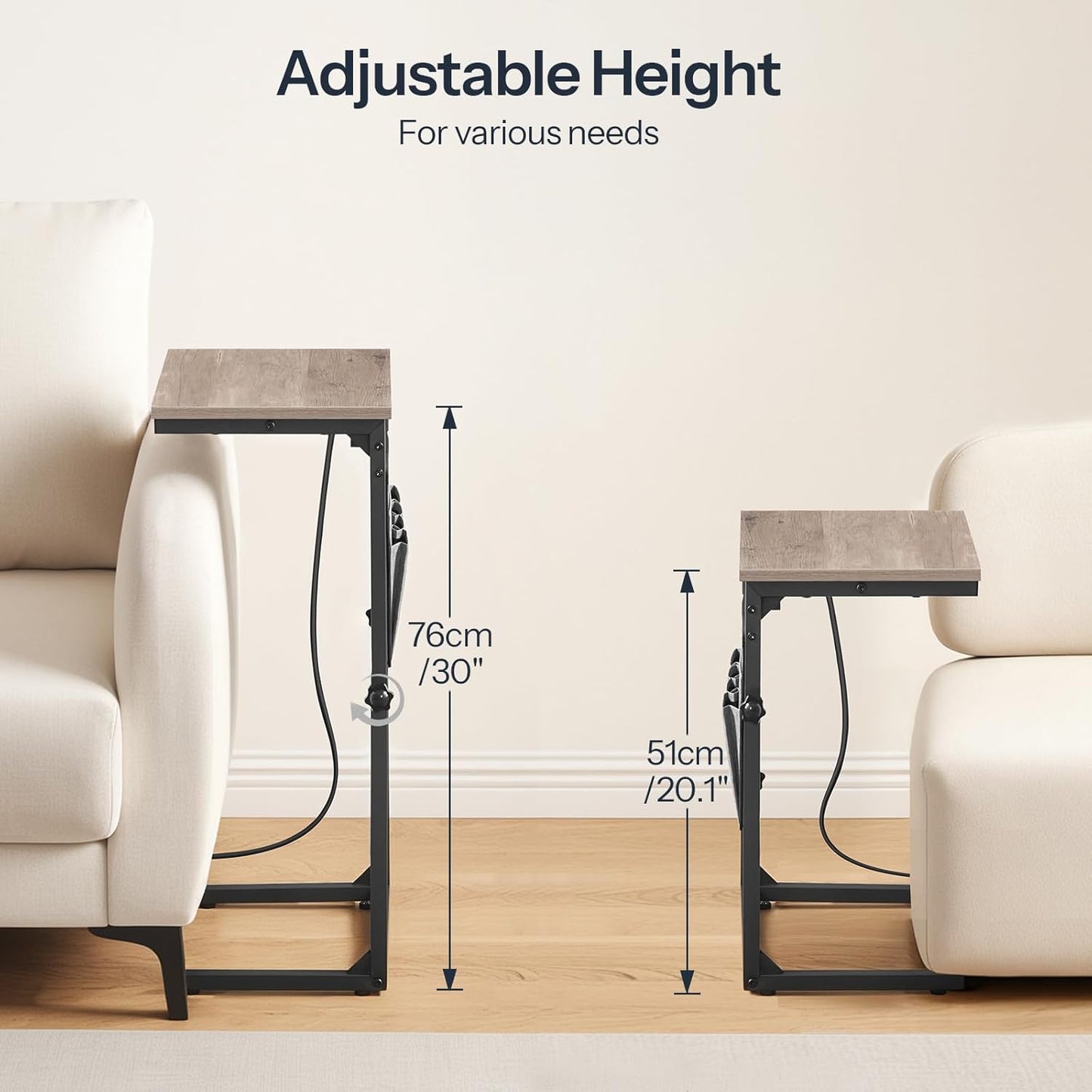 HOOBRO C Shaped End Table with Charging Station, 30” Adjustable Height Sofa Side Table with Storage Pocket, Slide Under Couch Table for Sofa Arm Tray, for Living Room, Bedroom, Greige BG77USF01
