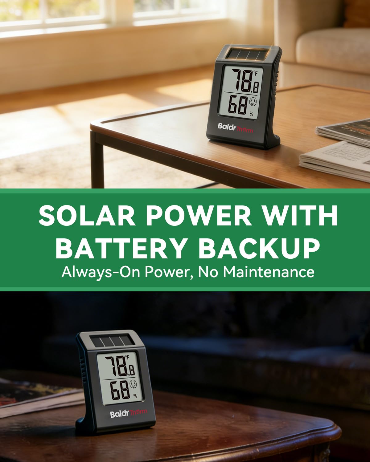 BALDR 2-Pack Digital Hygrometer Thermometer, Solar Power with Battery Backup Temperature and Humidity Monitor, Mini Room Thermometer with Comfort Indicator (Black)
