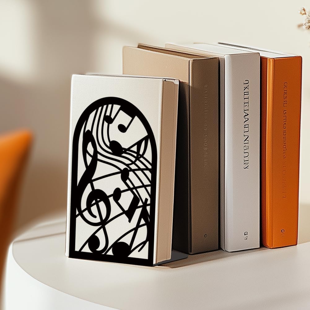 Musical Metal Book Ends Non-Skid Black Unique Bookend Decorative Heavy Book Ends for Shelves Heavy Duty Study Book Support Stoppers for Desk Musical Note 7x4.7x3.5 inch 1 Pairs/2 Pcs