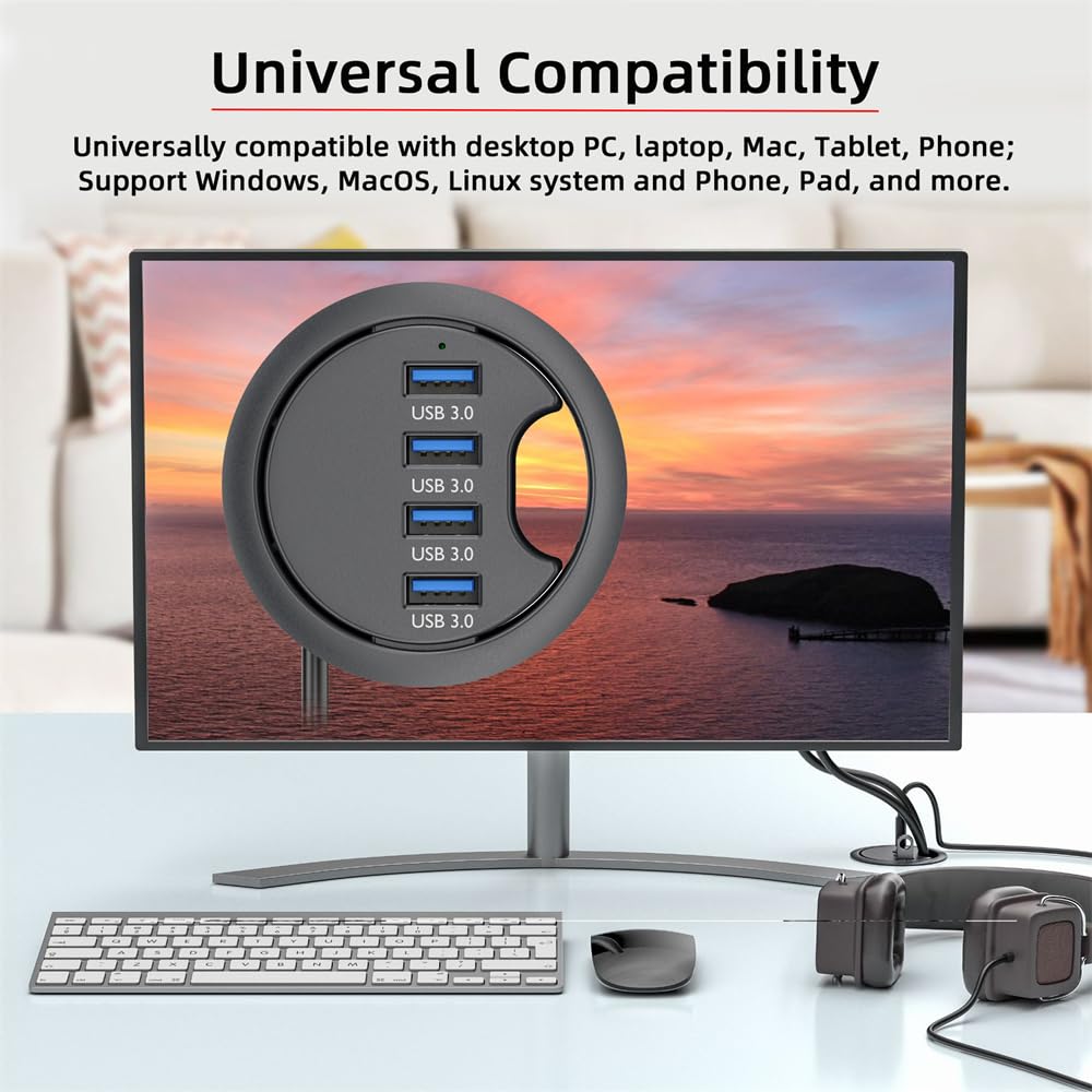 Cablecc 4 Ports USB 3.0 Hub USB Splitter 60mm Desk Grommet Dock Station Interface for Desktop PC Desk