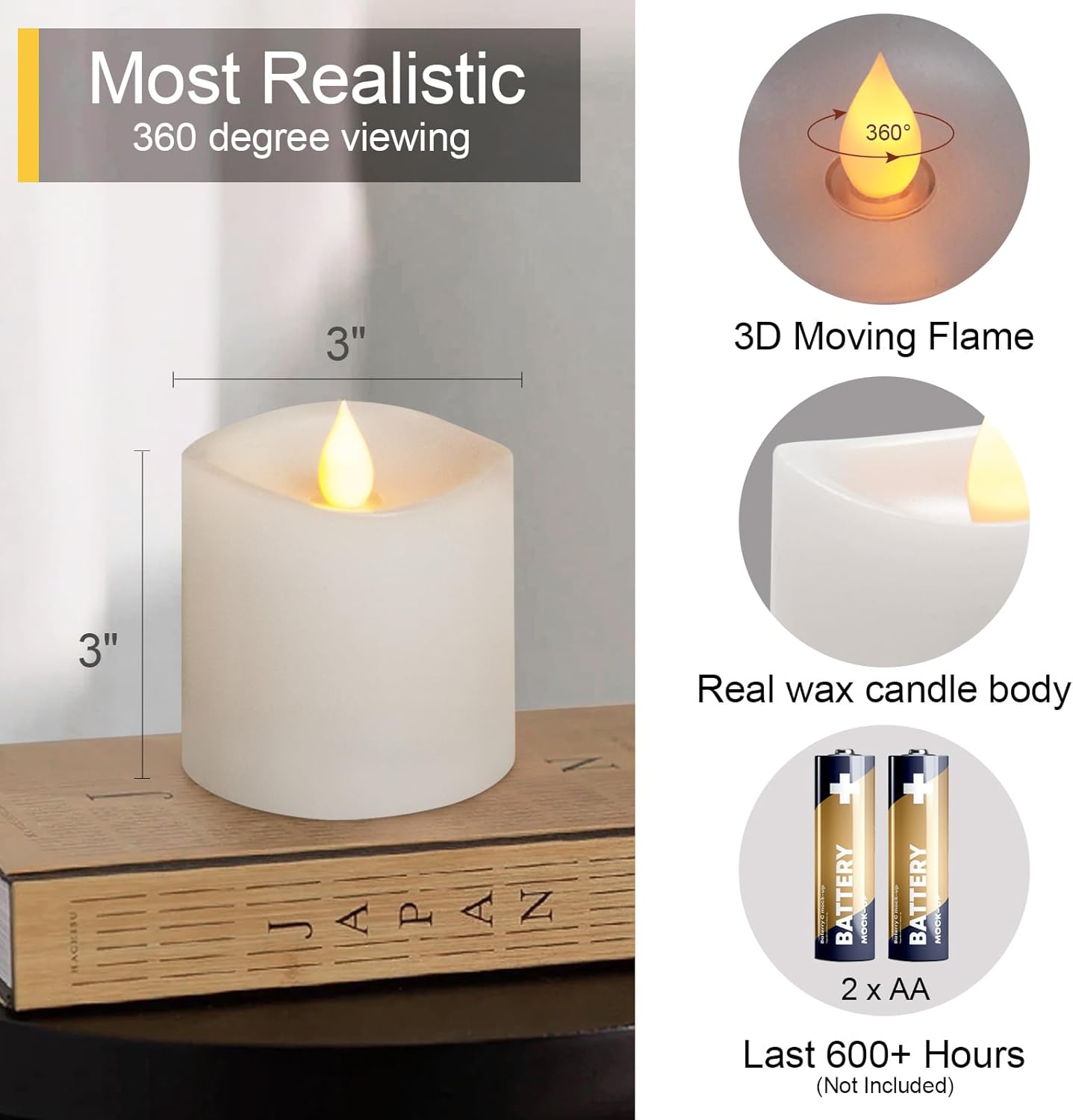 Flickering Flameless LED Candles Battery Operated Candle 2AA 600 Hours White 3x3 inch Set of 3 Real Wax Pillar Candles with Remote and Timer Halloween Christmas Holiday and Wedding