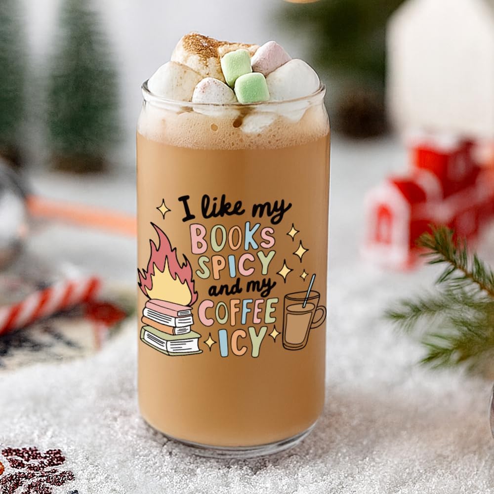 Funny Spicy Book Lover Gifts for Women,Men,Friends,Glass Cup with Lids and Straws,Bookish Gifts for Reader Libriran I Like My Books Spicy & My Coffee Icy Book Mugs Gift for Birthday Christmas -54