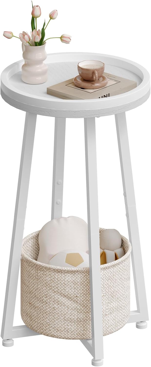HOOBRO Small Round Side Table, 2-Tier Round Sofa End Table, Compact Nightstand with Cotton Linen Storage Basket, for Small Space, Living Room, Bedroom, Dorm, White WW183BZ01