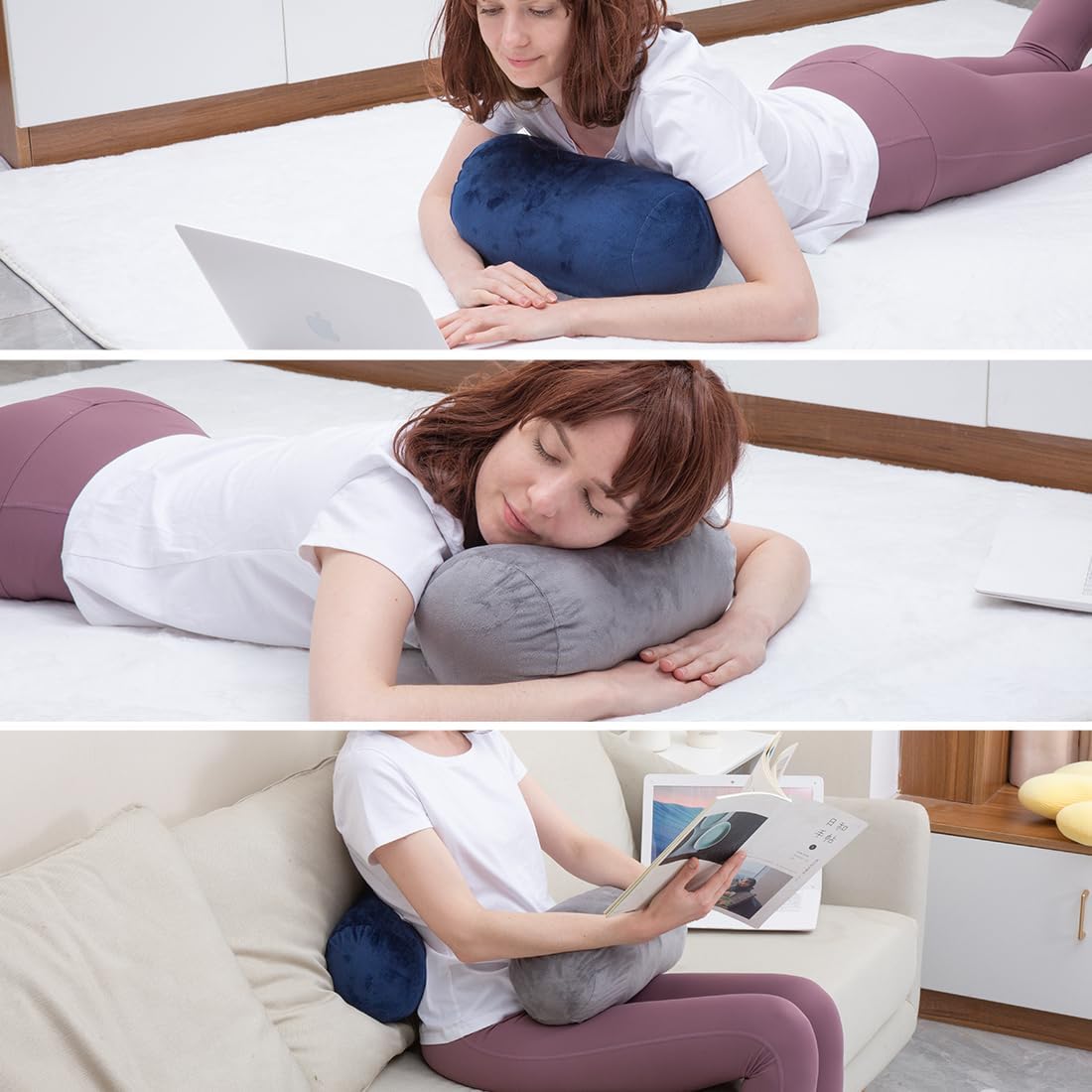 Round Cylinder Bolster Pillow with Removable Velvet Cover, Tube Roll Cervical Pillow for Head, Neck, Back and Legs Support, 13" x 6", Grey