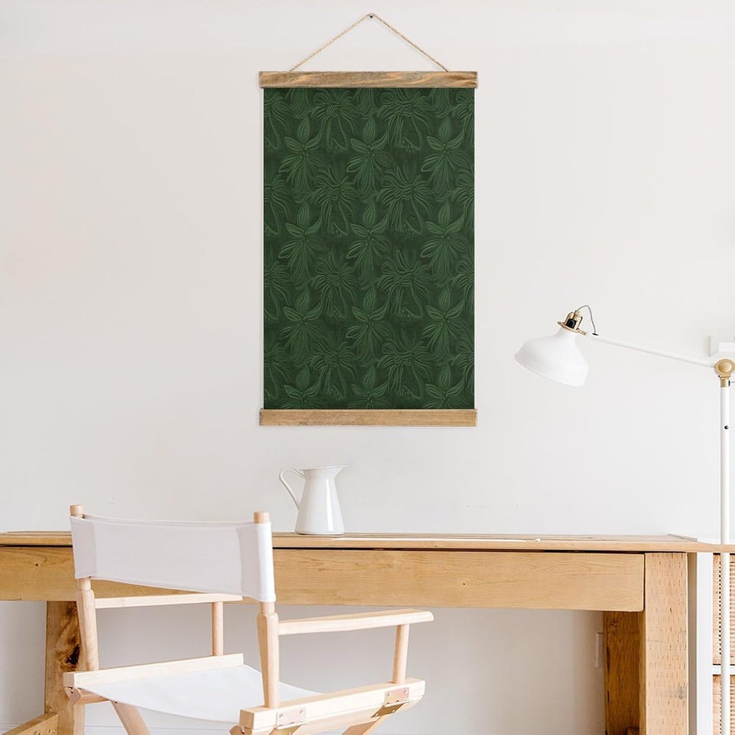 Vintage Hunter Green Floral Petals Pattern Poster with Wooden Frame Personalized Linen Hanging Scroll Painting Rustic Wall Hanging Illustrative Modern Artwork Decor for Home Living Room Bedroom Office