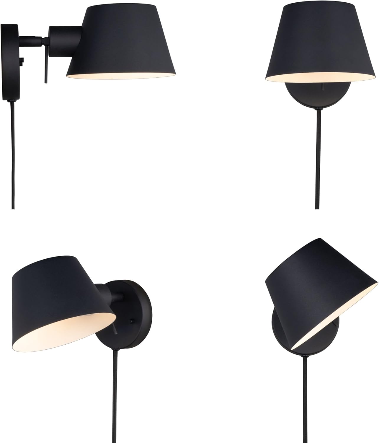 1 Light Plug in Wall Sconces Black Fabric Cord Inline On/Off Switch,Set of 2 Modern Wall Lamp Adjustable Metal Shade,Vintage E26 Reading Light for Bedroom Bedside Living Room Hallway