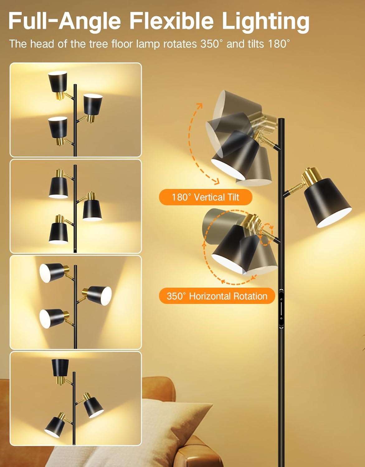 OUTON Tree Floor Lamp, LED Dimmable Floor Lamp with Remote and Touch Slide Control, 4 Color Temperatures, 3 Rotatable Lights, Modern Standing Lamp for Living Room Bedroom Office, Black Gold
